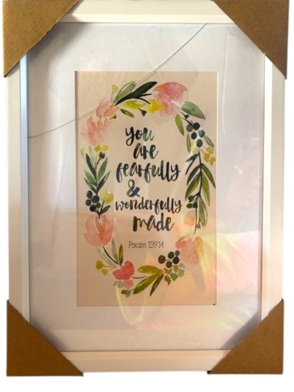 NWT-Floral Watercolor Psalm 139:14 (“You are Fearfully…”)Print in White Frame